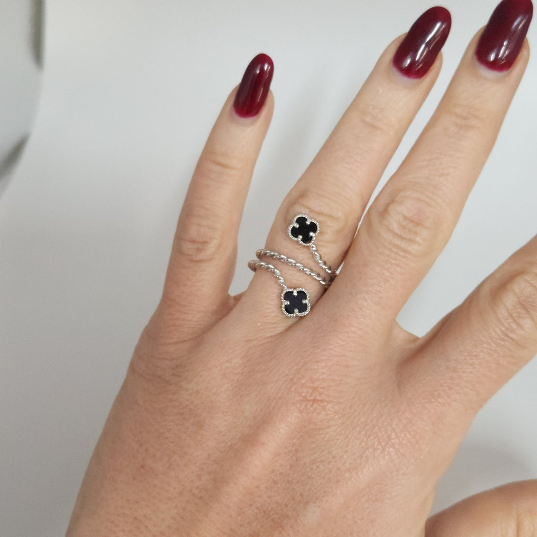 Elegant Silver Double Onyx Clover Adjustable Ring