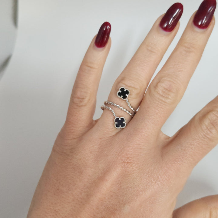 Elegant Silver Double Onyx Clover Adjustable Ring