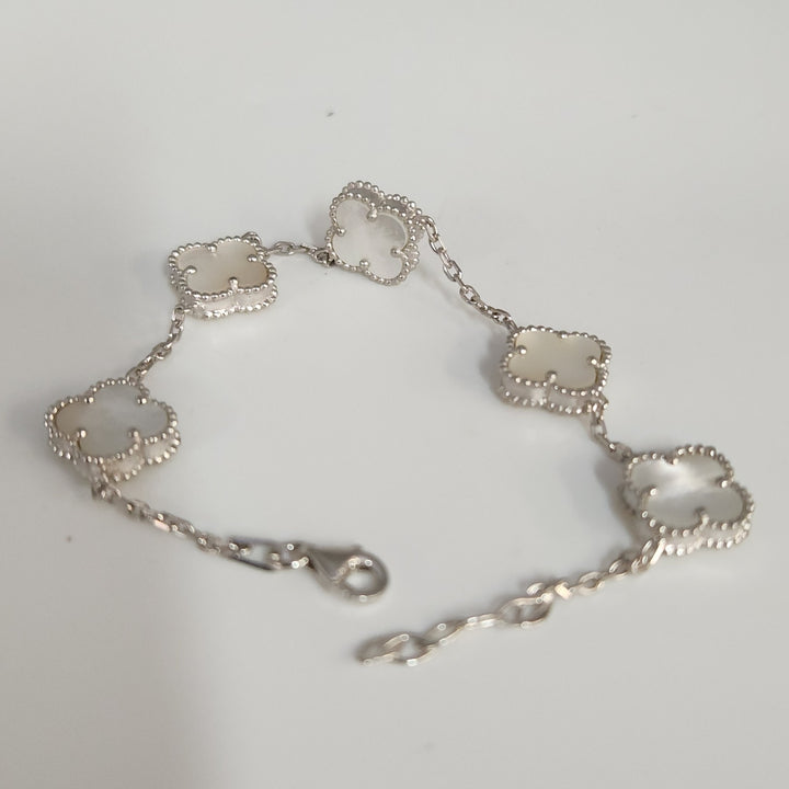 Fashion Silver Bracelet With Mother Of Pearl Floral Clover Links 7.5"