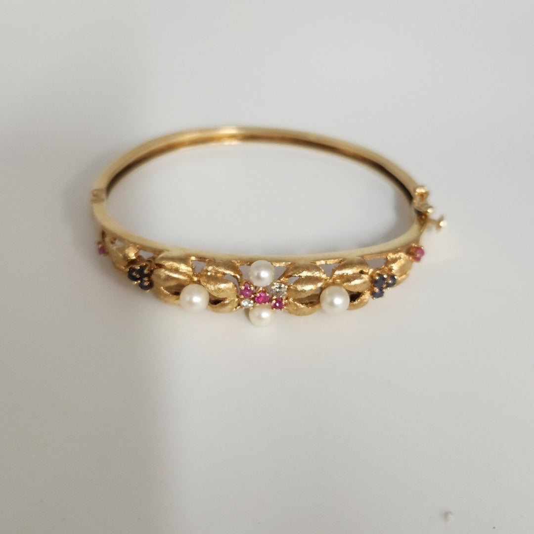Antique 14k Yellow Gold Diamond,Pearls,Ruby &Sapphire Bangle Bracelets