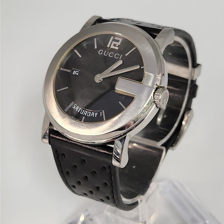 Gucci 101M  Day -Date Watch Black Dial Swiss Made Stainless Steel Leather Strap