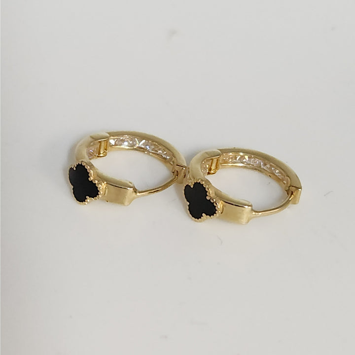 14k Yellow Gold Onyx Clover Hoop Earrings With Zirconia Accents