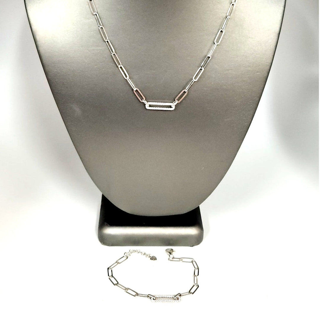925 Sterling Silver Paperclip Link Necklace & Bracelet Set with CZ Accents