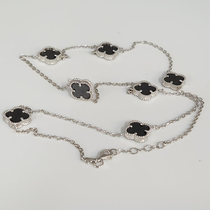 Fashion Silver Onyx Clover Motifs Necklace 22.5"
