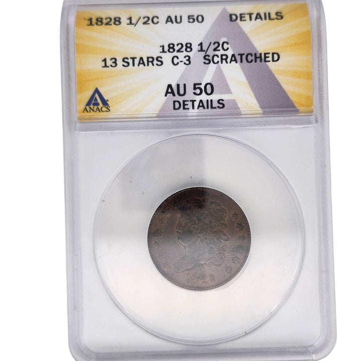 1828 US Classic Head Half Cent- 13 Stars, C-3 Variety ANACS AU 50 Details Coin