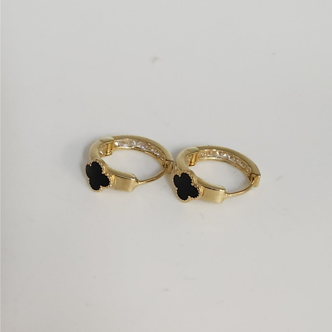 14k Yellow Gold Onyx Clover Hoop Earrings With Zirconia Accents