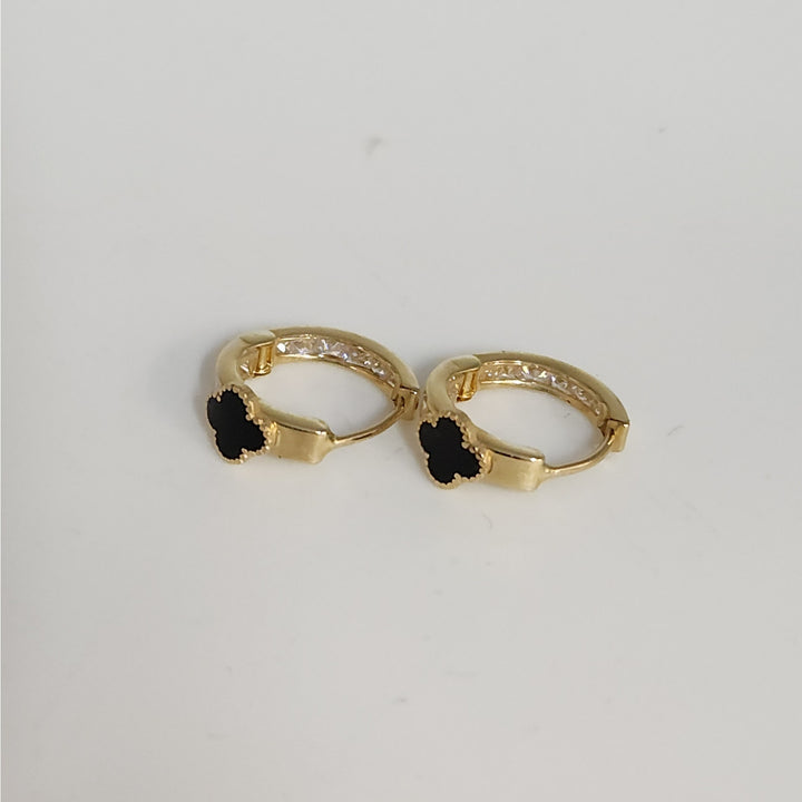 14k Yellow Gold Onyx Clover Hoop Earrings With Zirconia Accents