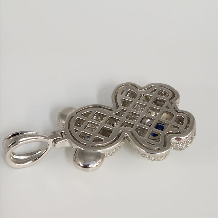 925 Sterling Silver Teddy Bear Pendant With Blue Heart Stone And CZ Accents