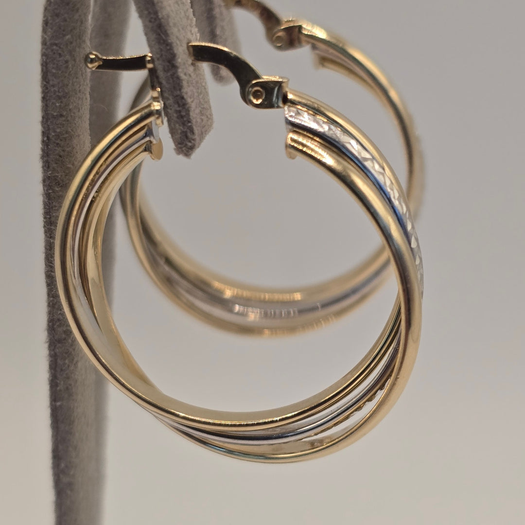 14K Yellow Gold Two-Tone Textured Hoop Earrings 3.8g Classic Stylish Premium New