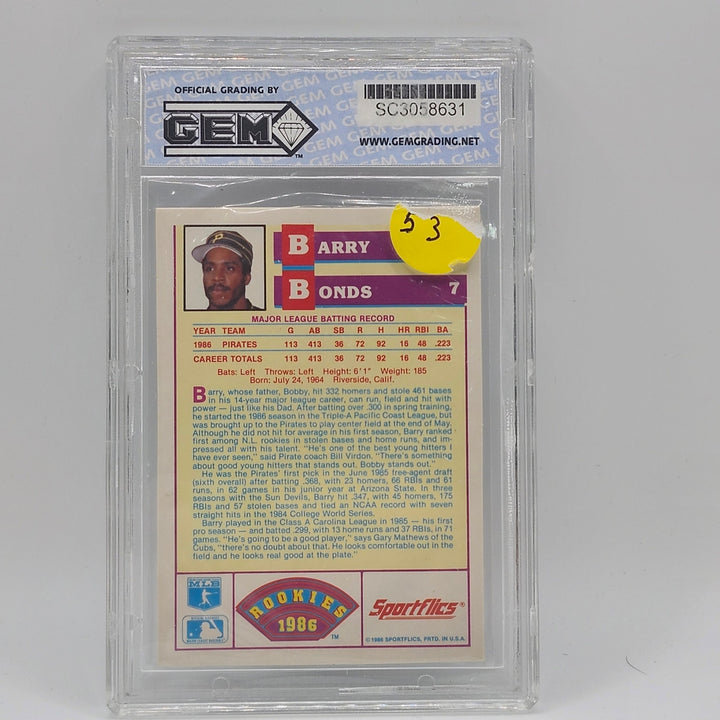1986 Sportflics Barry Bonds Rookie #13 Pittsburgh Pirates GEM 10 Rookie Card