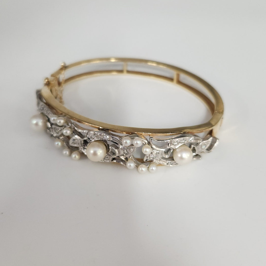 Vintage 14k Two Tone Gold Diamond Pearls Bangle Bracelet