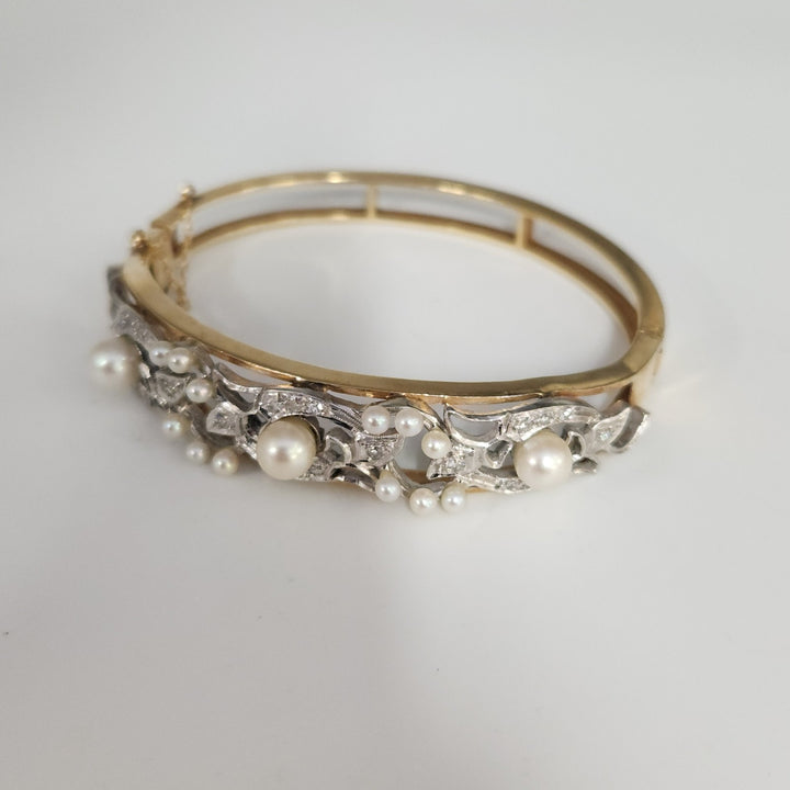 Vintage 14k Two Tone Gold Diamond Pearls Bangle Bracelet