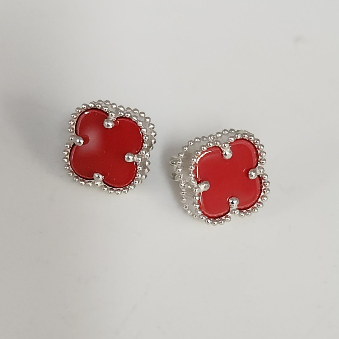 Fashion Silver Red Floral Stud Earrings