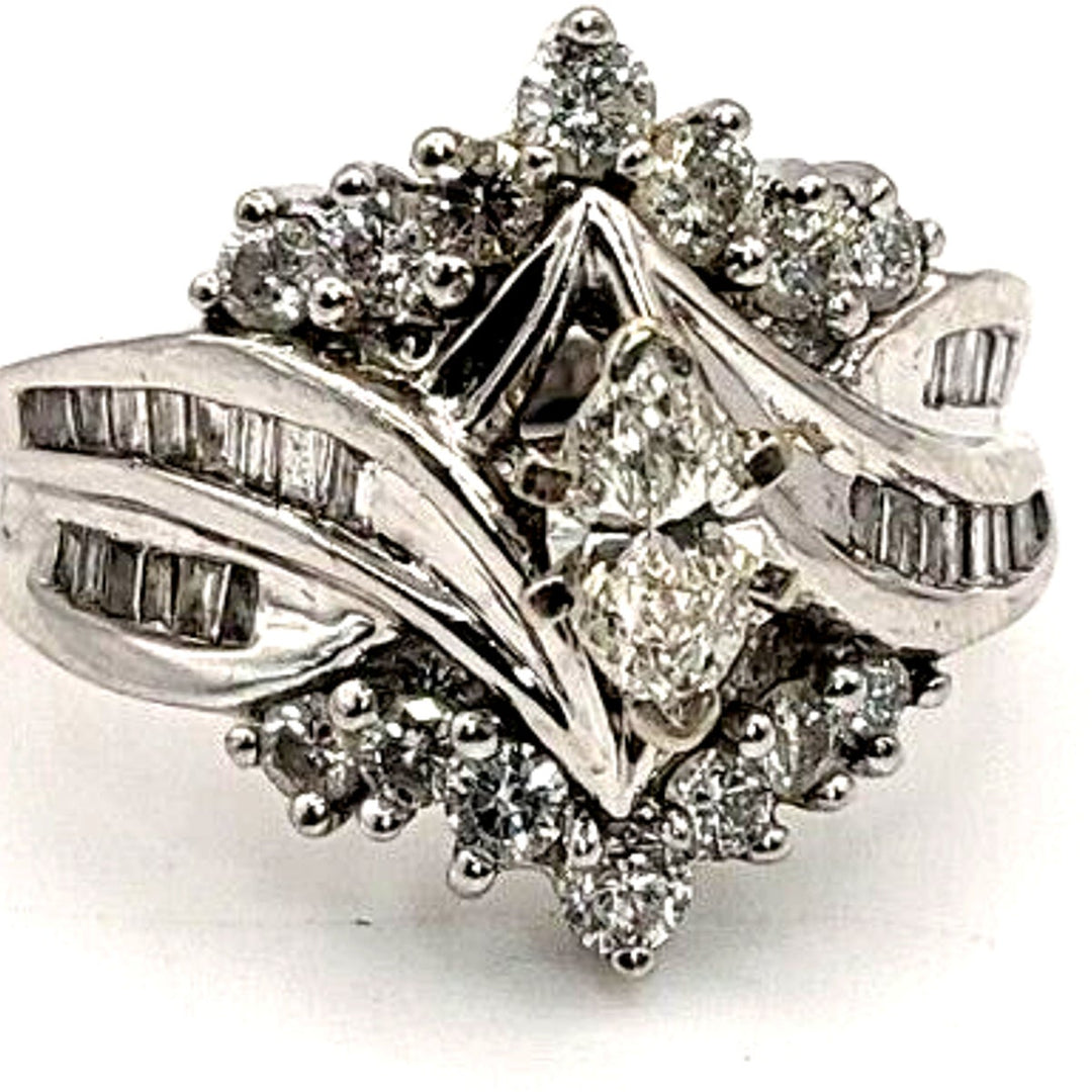 14k White Gold Fancy Diamond Ring With Lock Ring, 9.6g. Sz 6.5