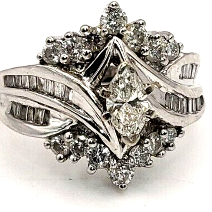 14k White Gold Fancy Diamond Ring With Lock Ring, 9.6g. Sz 6.5