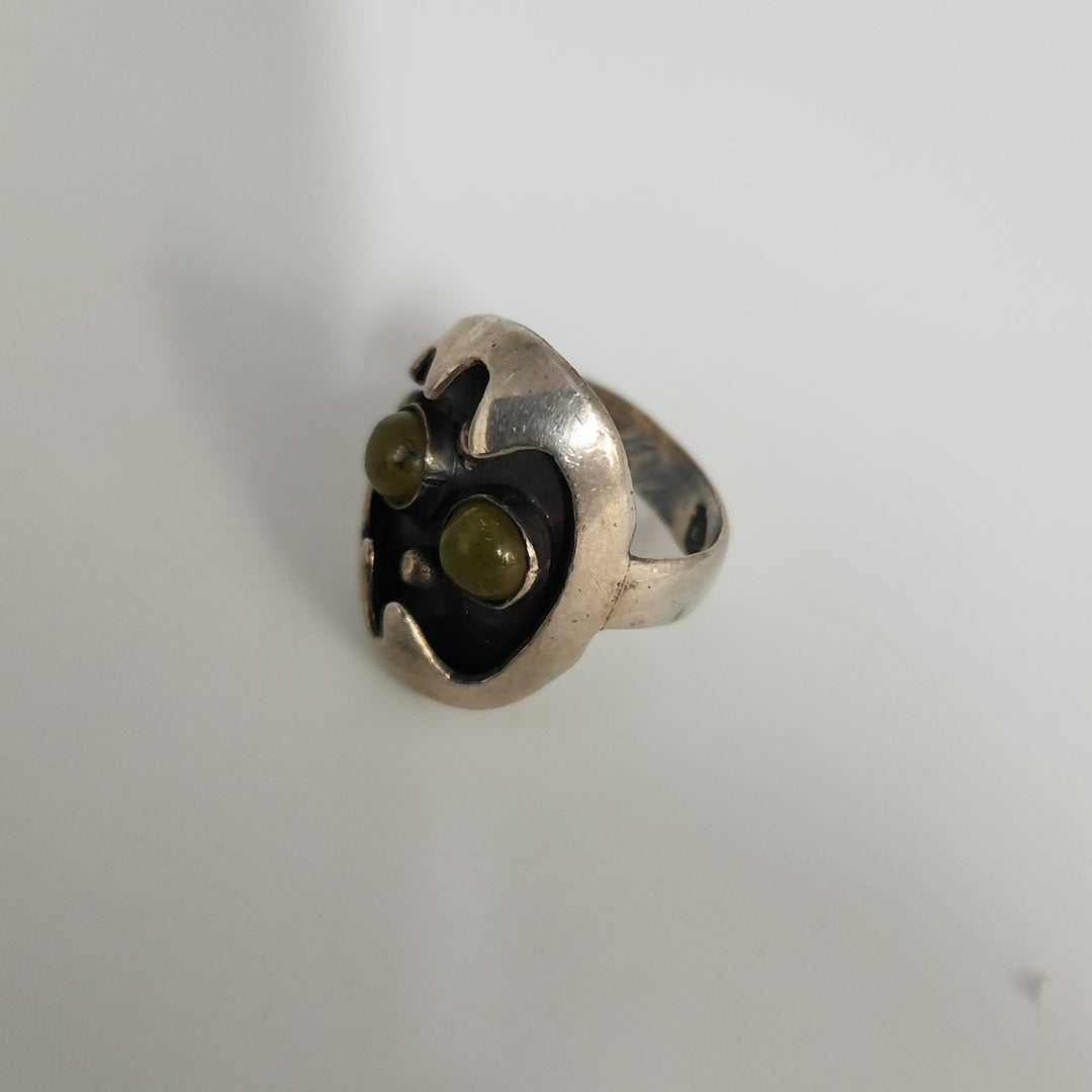 Artisan Sterling Silver Mask Ring set With Dual Green Aventurine Cabochons Stone