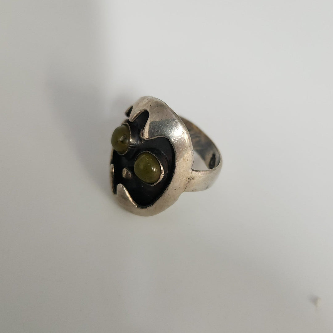 Artisan Sterling Silver Mask Ring set With Dual Green Aventurine Cabochons Stone