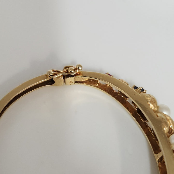 Antique 14k Yellow Gold Diamond,Pearls,Ruby &Sapphire Bangle Bracelets