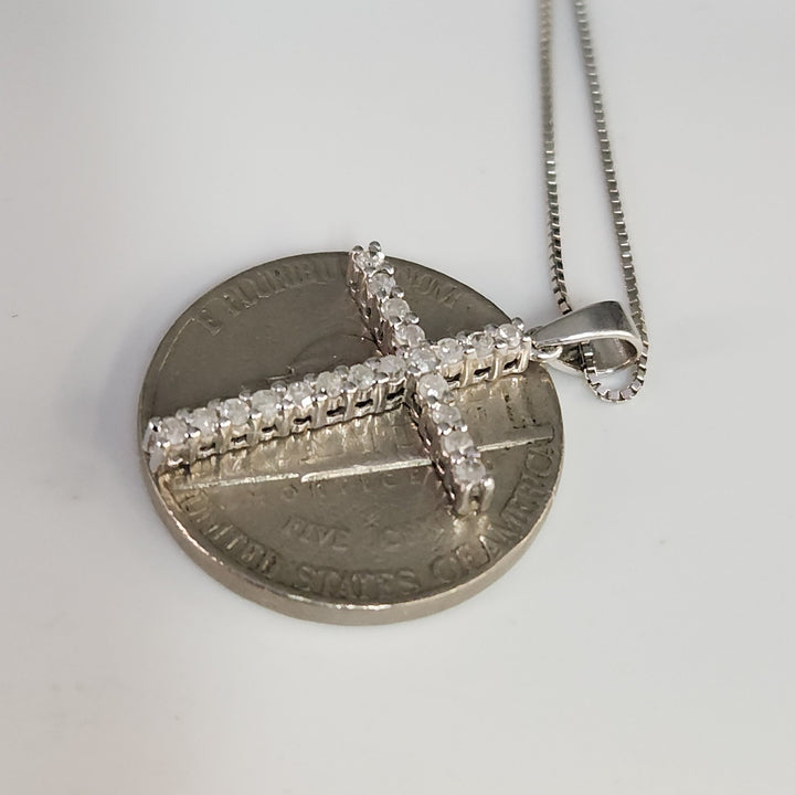 10k White Gold Diamond Cross Pendant & Necklace 18"