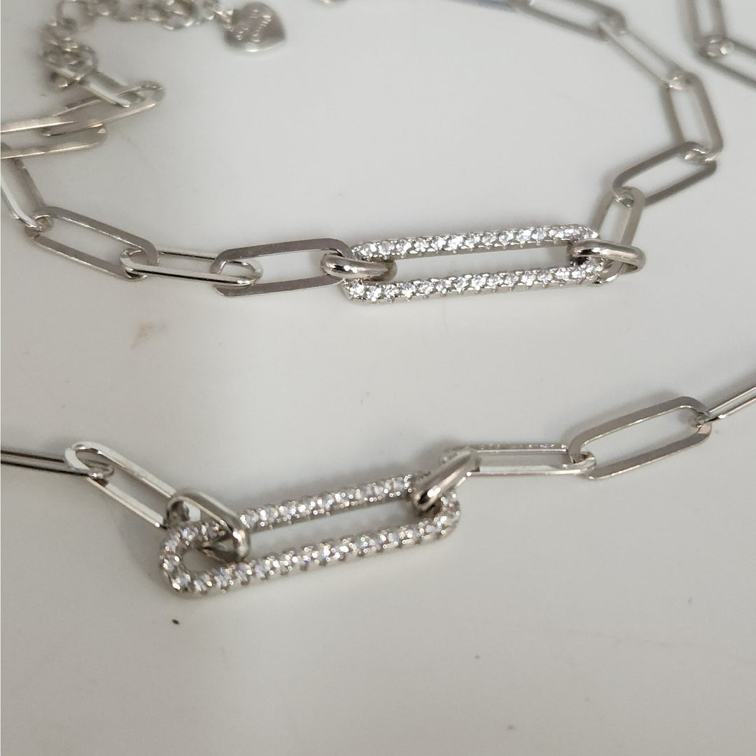 925 Sterling Silver Paperclip Link Necklace & Bracelet Set with CZ Accents