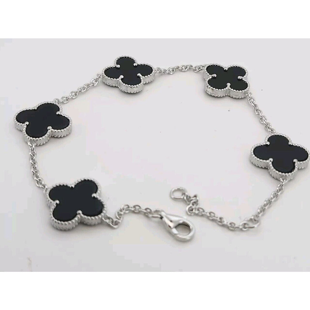 925 Sterling Silver Black Flowers Bracelet 8.2"