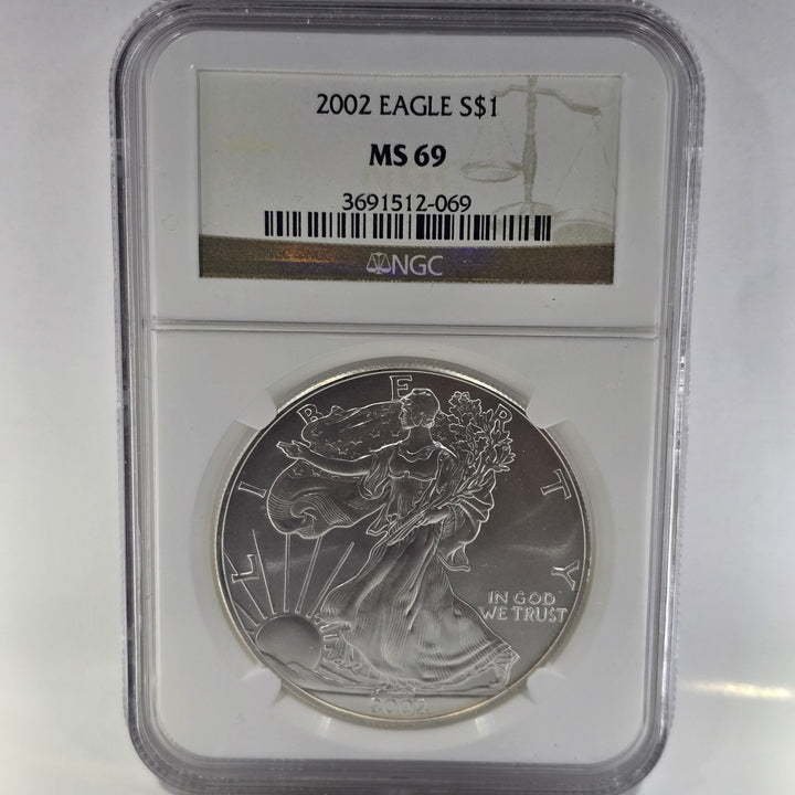 2002 American Silver Eagle, 1 Oz Fine .999 Silver USA Uncirculated $1 NGC MS69