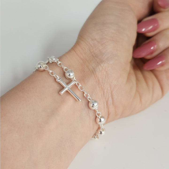 925 Sterling Silver Rosary Bead Cross Bracelet 7.5"