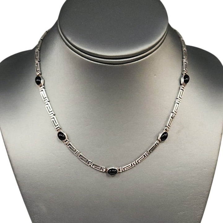 925 Sterling Silver Black Onyx Greek Key Link Necklace 16"