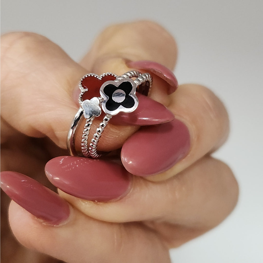 925 Sterling Silver Triple Layer Clover Ring set size 8