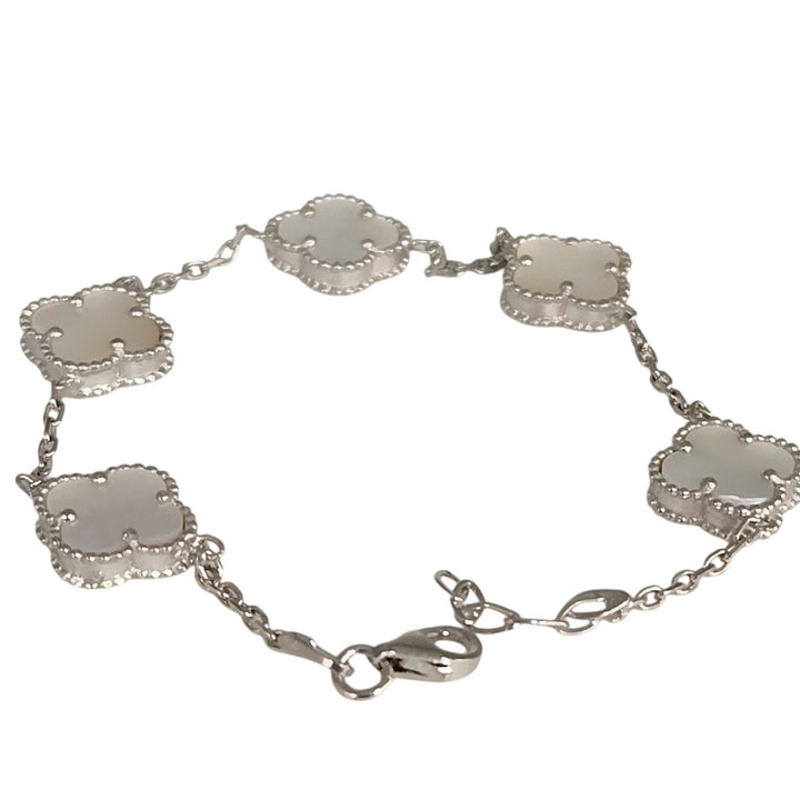 Fashion Silver Bracelet With Mother Of Pearl Floral Clover Links 7.5"