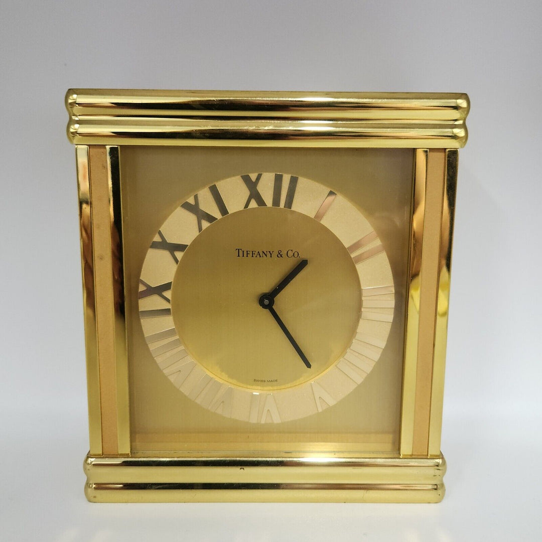 Vintage Tiffany & CO Large Rectangle Brass Desk Clock Quartz Roman Numerals