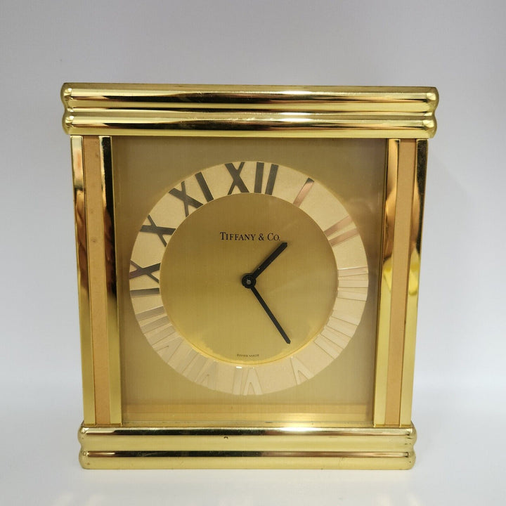 Vintage Tiffany & CO Large Rectangle Brass Desk Clock Quartz Roman Numerals
