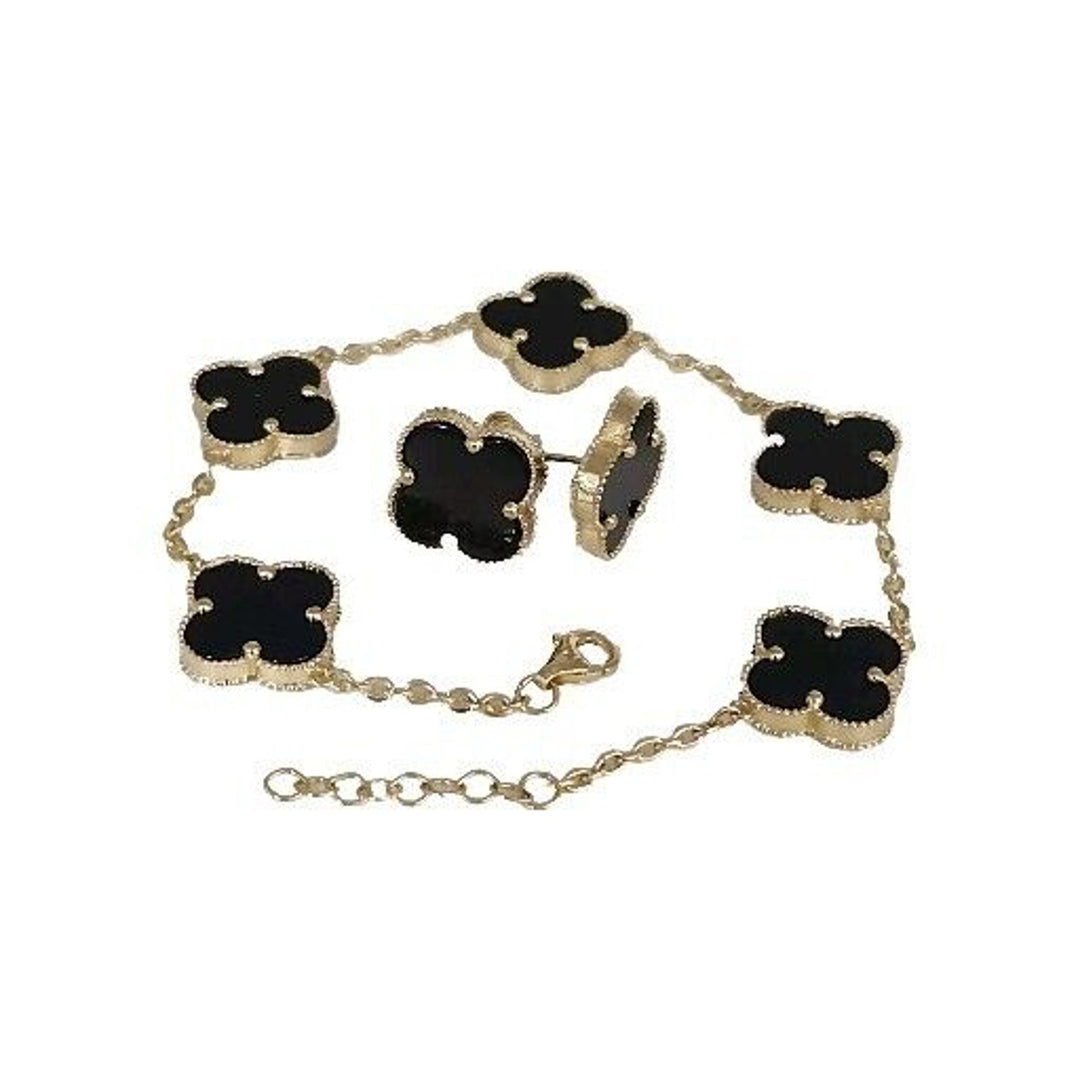 14k Yellow Gold Set Of Onyx Clover Flowers Bracelet 7.5" And Earrings