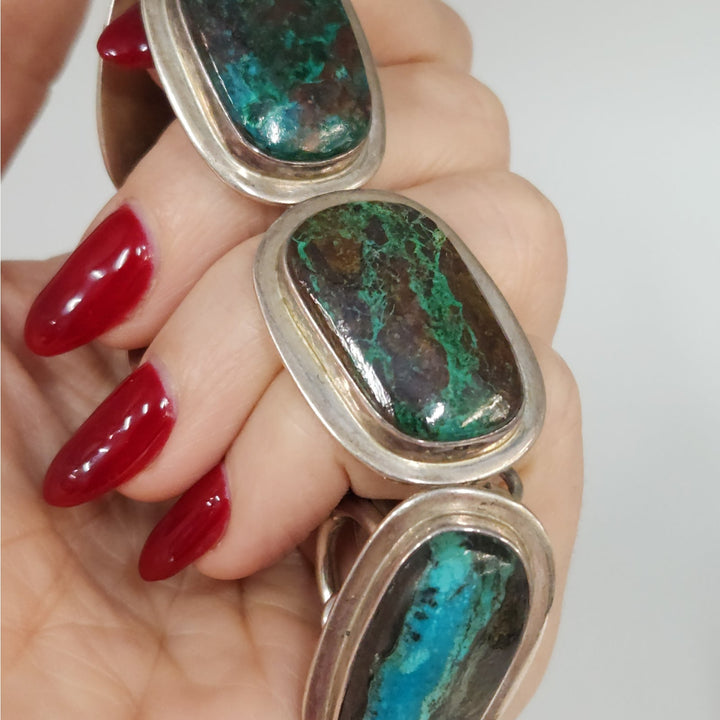 Vintage 925 Sterling Silver Natural Chrysocolla large Gemstones Bracelet 7.5" -68g