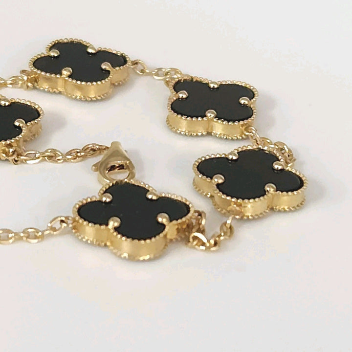 14k Yellow Gold Fashion Onyx Flowers Bracelet 7.5"