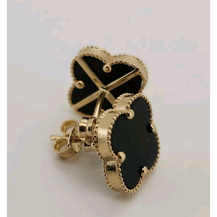 14k Yellow Gold Onyx Clover Flower Stud Earrings