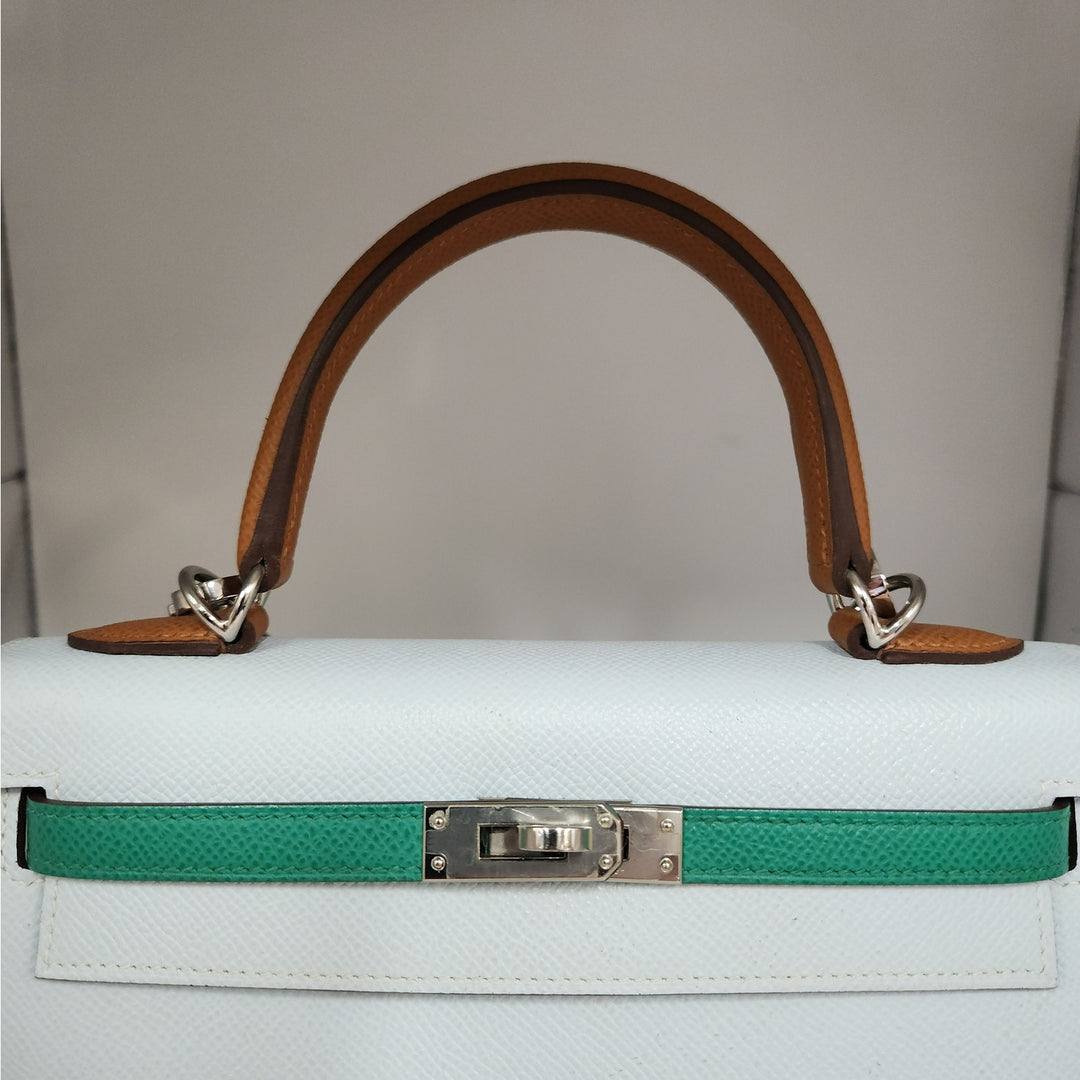 Hermès Kelly 25 Sellier Tri-Color Bleu Brume/Vert Jade/ Gold Epsom Leather Palladium Hardware/U Stamp 2022/Entrupy Authenticated