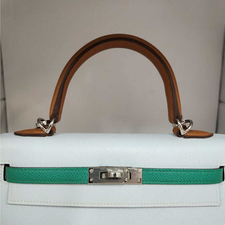 Hermès Kelly 25 Sellier Tri-Color Bleu Brume/Vert Jade/ Gold Epsom Leather Palladium Hardware/U Stamp 2022/Entrupy Authenticated