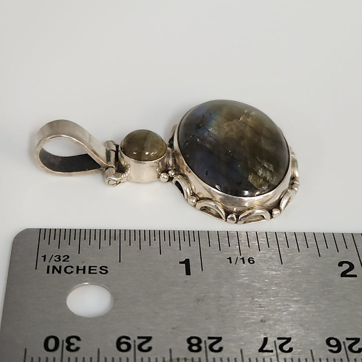 925 Sterling Silver Labradorite And Yellow Tourmaline Pendant Artisan Vintage