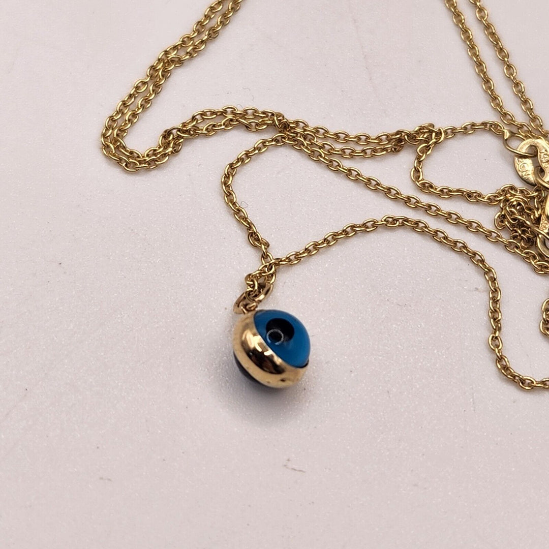 14k Yellow Gold Blue Evil Eye Luck Charm Pendant & Necklace 18"
