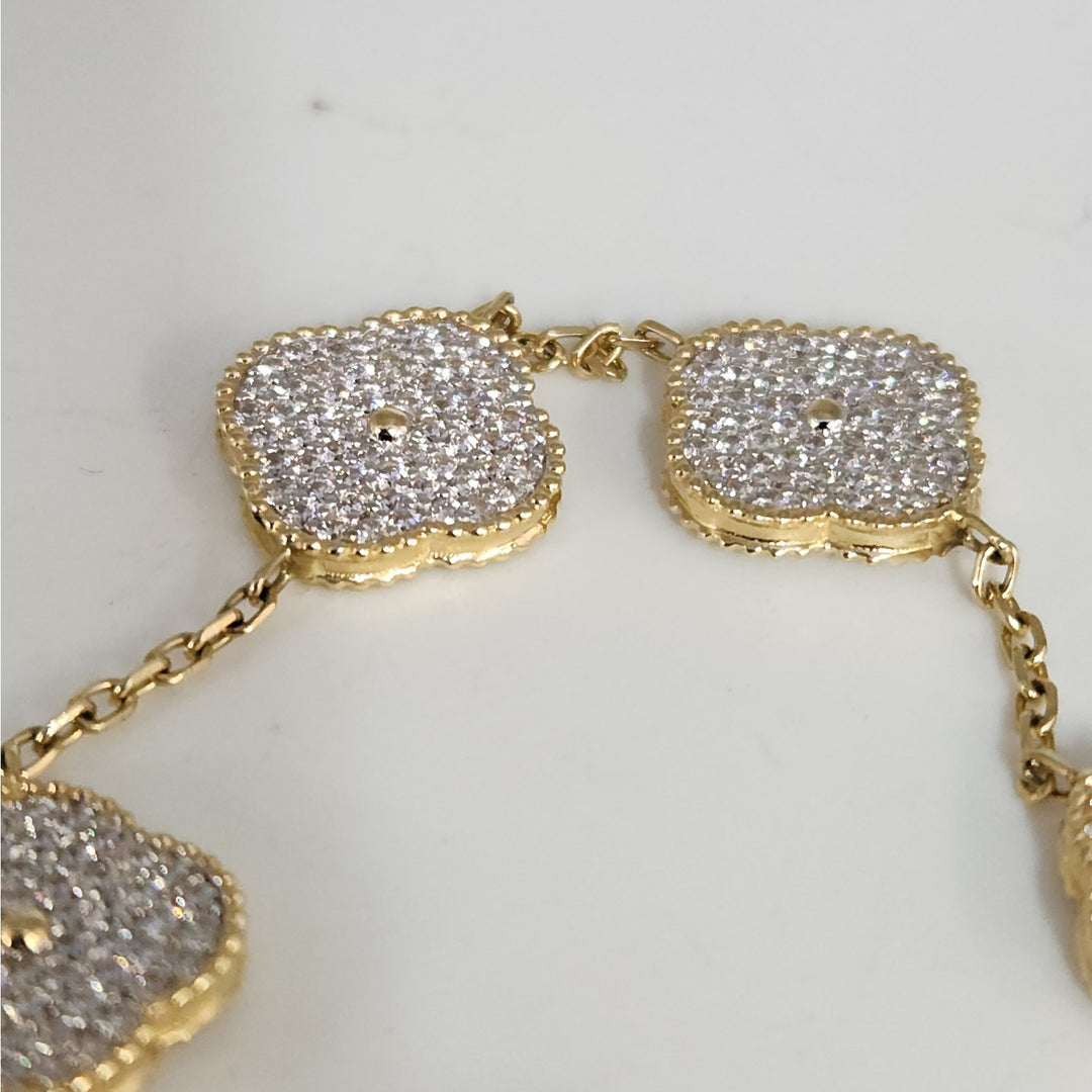 Fashion 14k Gold And Zirconia Solid Flower Clover Bracelet 7.5”
