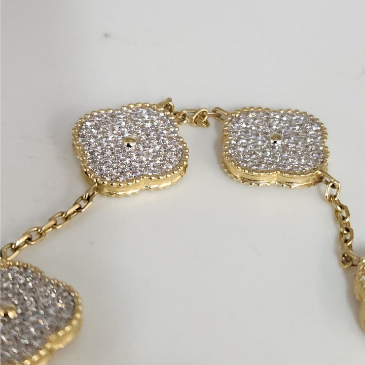Fashion 14k Gold And Zirconia Solid Flower Clover Bracelet 7.5”