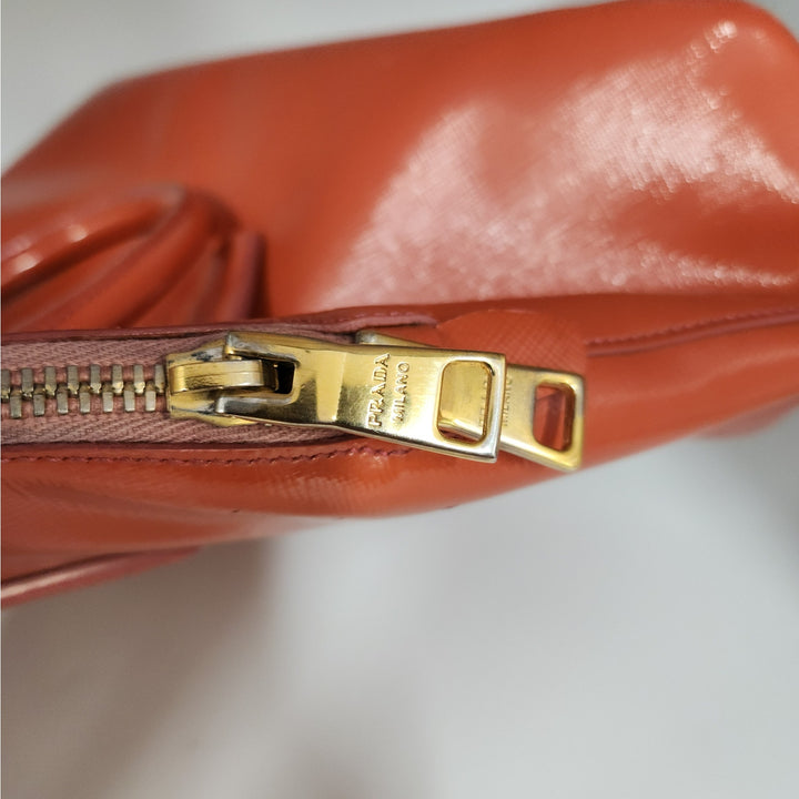 Authentic Prada Orange Saffiano Vernic Handbag w/ Gold Hardware & Shoulder Strap