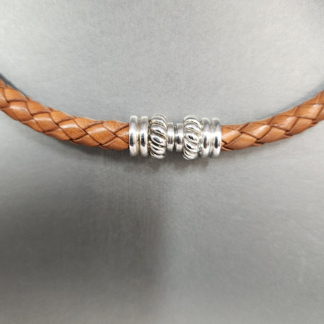 Judith Ripka Braided Brown Leather Choker With Sterling Magnet Clasp 15.5"