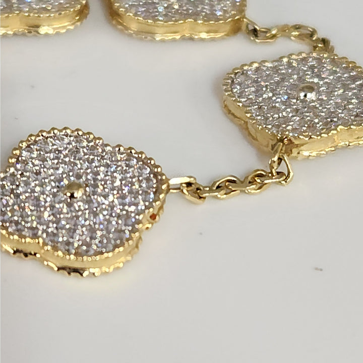 Fashion 14k Gold And Zirconia Solid Flower Clover Bracelet 7.5”