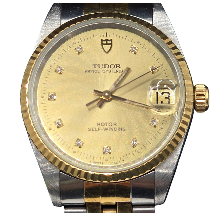 Vintage Tudor Prince Oysterdate 72033 18K Gold Bezel Diamond Dial Circa 1995