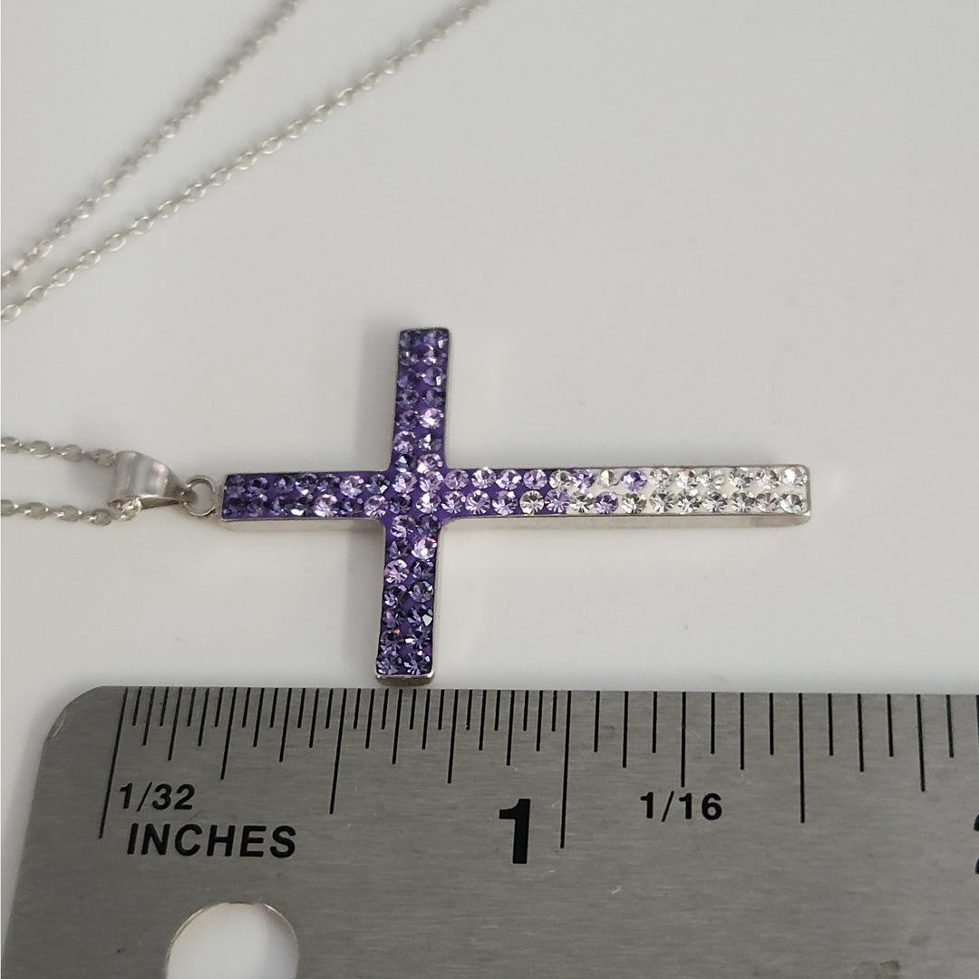 925 Sterling Silver Purple & White Crystal Cross Pendant Necklace18"