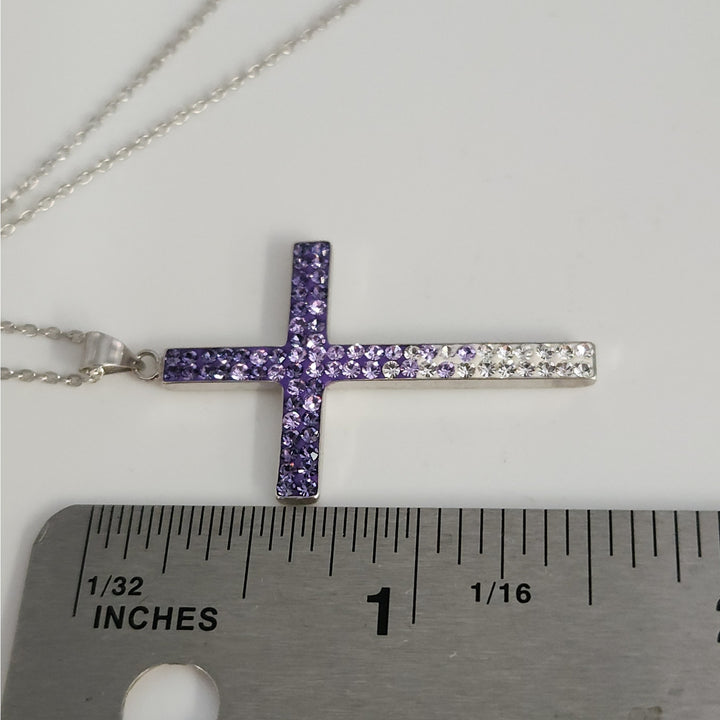 925 Sterling Silver Purple & White Crystal Cross Pendant Necklace18"