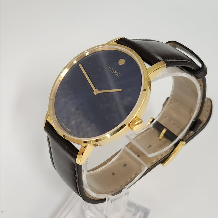 Movado Museum Classic Swiss Made Watch Blue Dial Gold -Tone Case, Brown Leather Strap Box & Tag