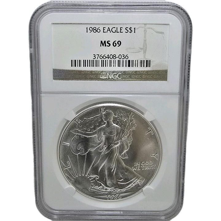 1986 American Silver Eagle, 1 Oz Fine .999 Silver USA Uncirculated $1 NGC MS69